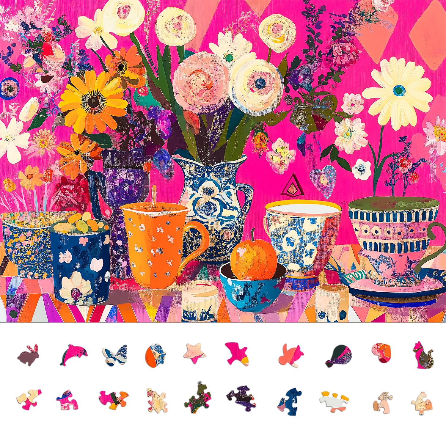 Naturelish 1000-piece puzzle shows flowers and teacups in a warm, inviting scene for mindful relaxation