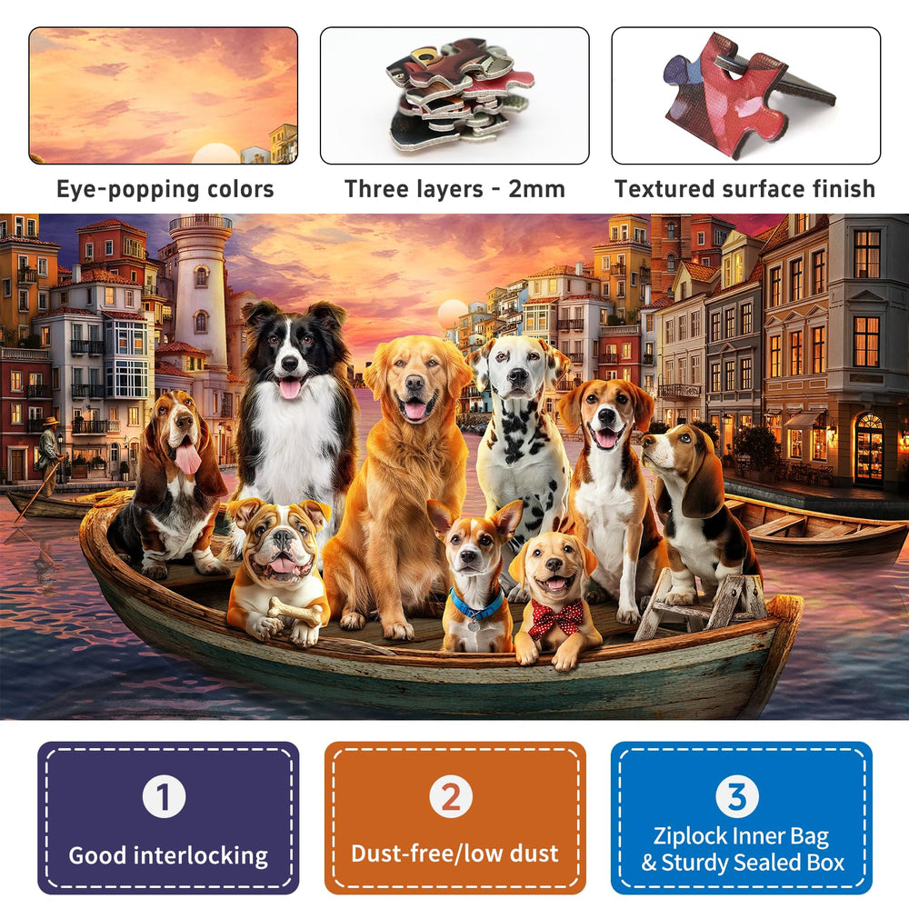 Naturelish Sunset Dogs puzzle features dogs in a water-town scene at dusk