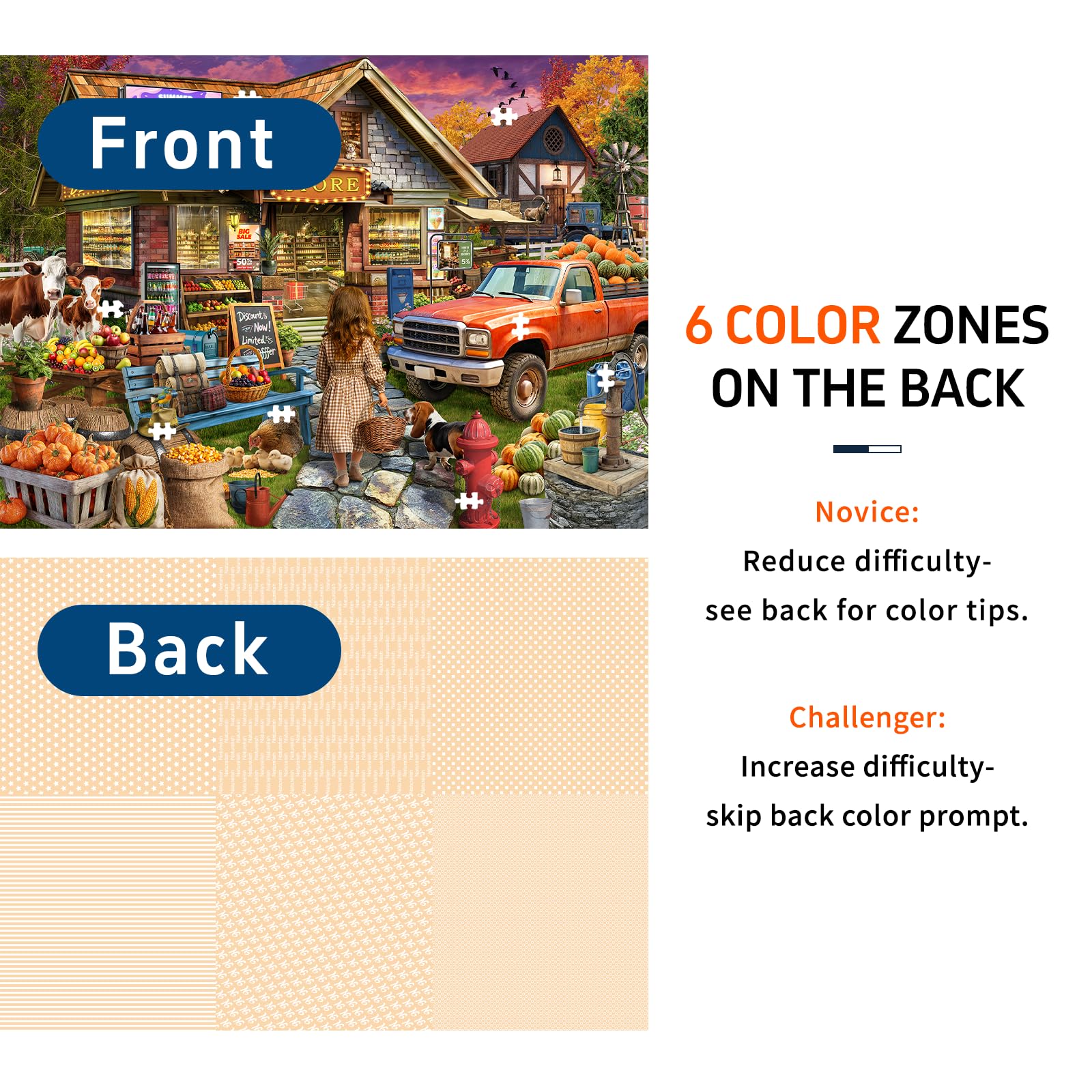 Naturelish Town Store puzzle back with six color-coded zones guiding progress