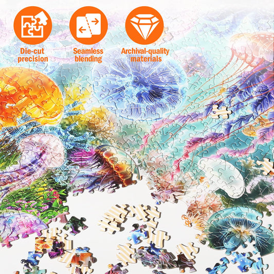 Naturelish jellyfish puzzle reveals glowing jellyfish in a tranquil underwater scene for mindful leisure