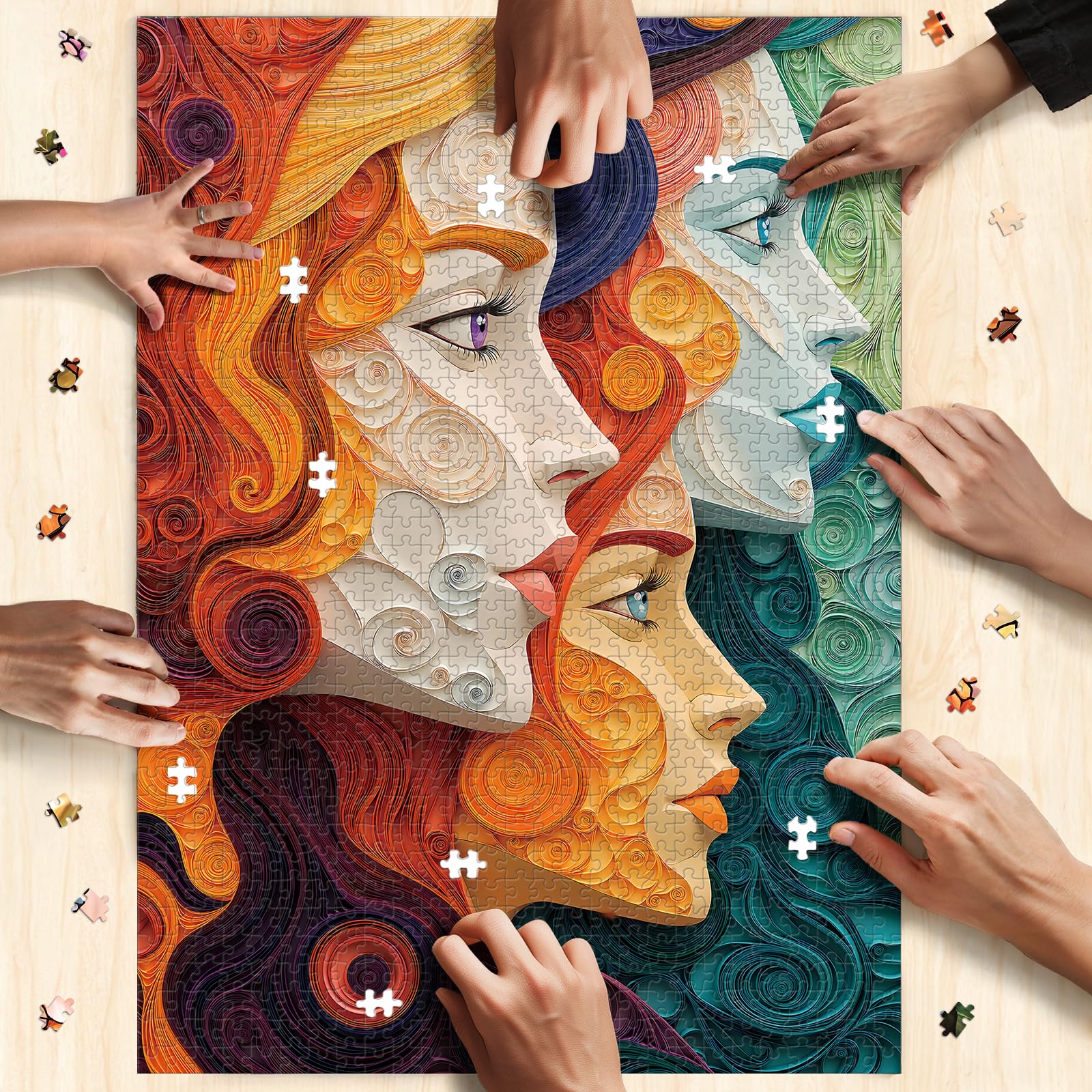 Naturelish vibrant female portrait puzzle geometry emphasizes shapes, ideal for spatial challenge.