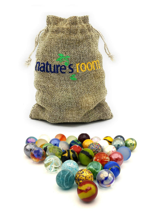 Naturesroom glass shooter marbles in 25 colors for play and display.