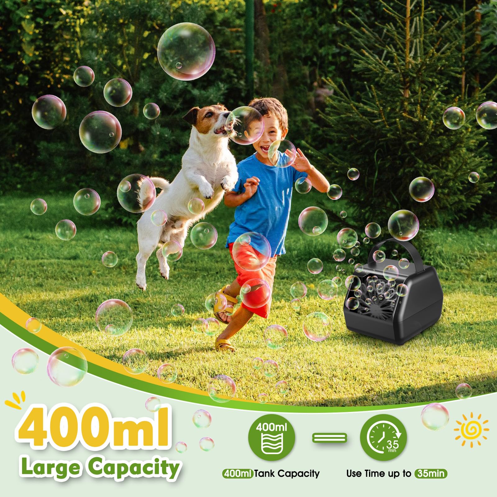 NAUQUOHZ bubble machine tank 400ml delivering long lasting bubbles outdoors