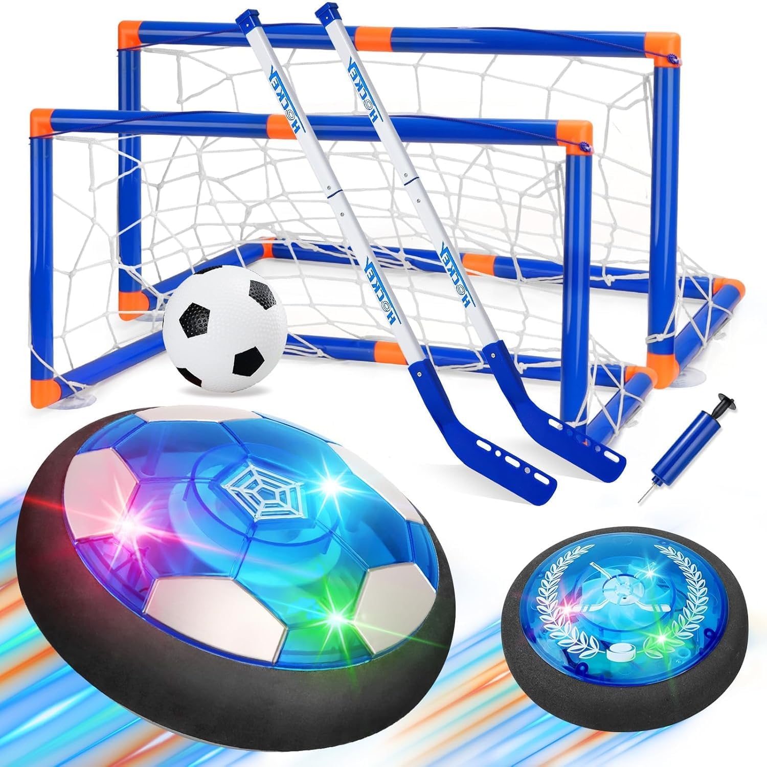 Nazano 3-in-1 hover ball set gliding on hardwood with LED lights.