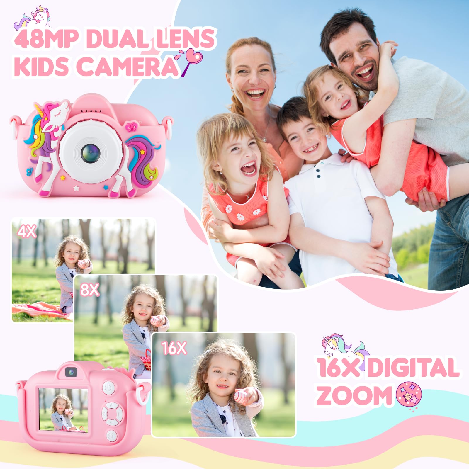 NBKLS Kids Camera 16x zoom lets kids explore distant scenes clearly.