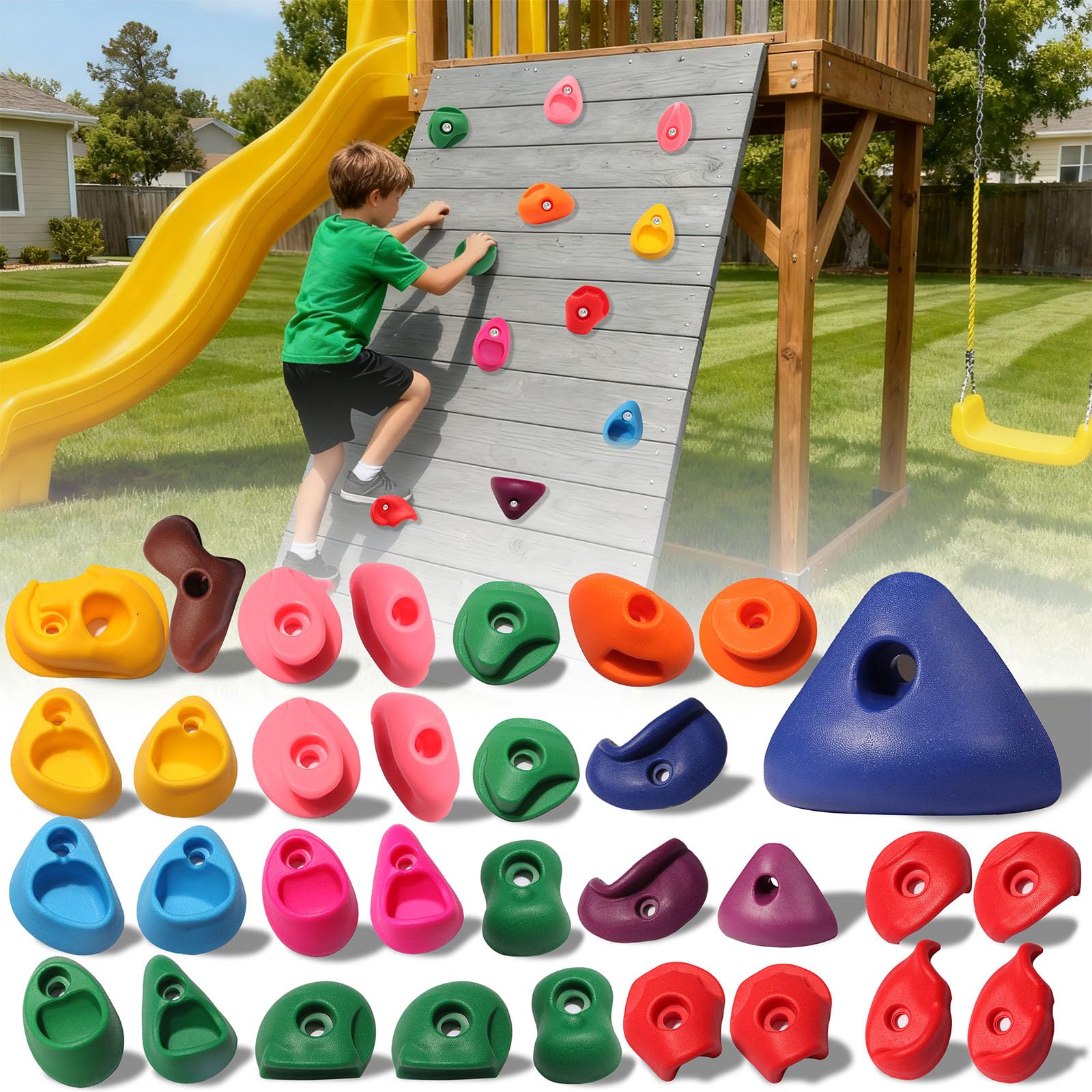 NEATATOU 32-pcs rock climbing holds pack with colorful grips for kid-friendly wall builds.