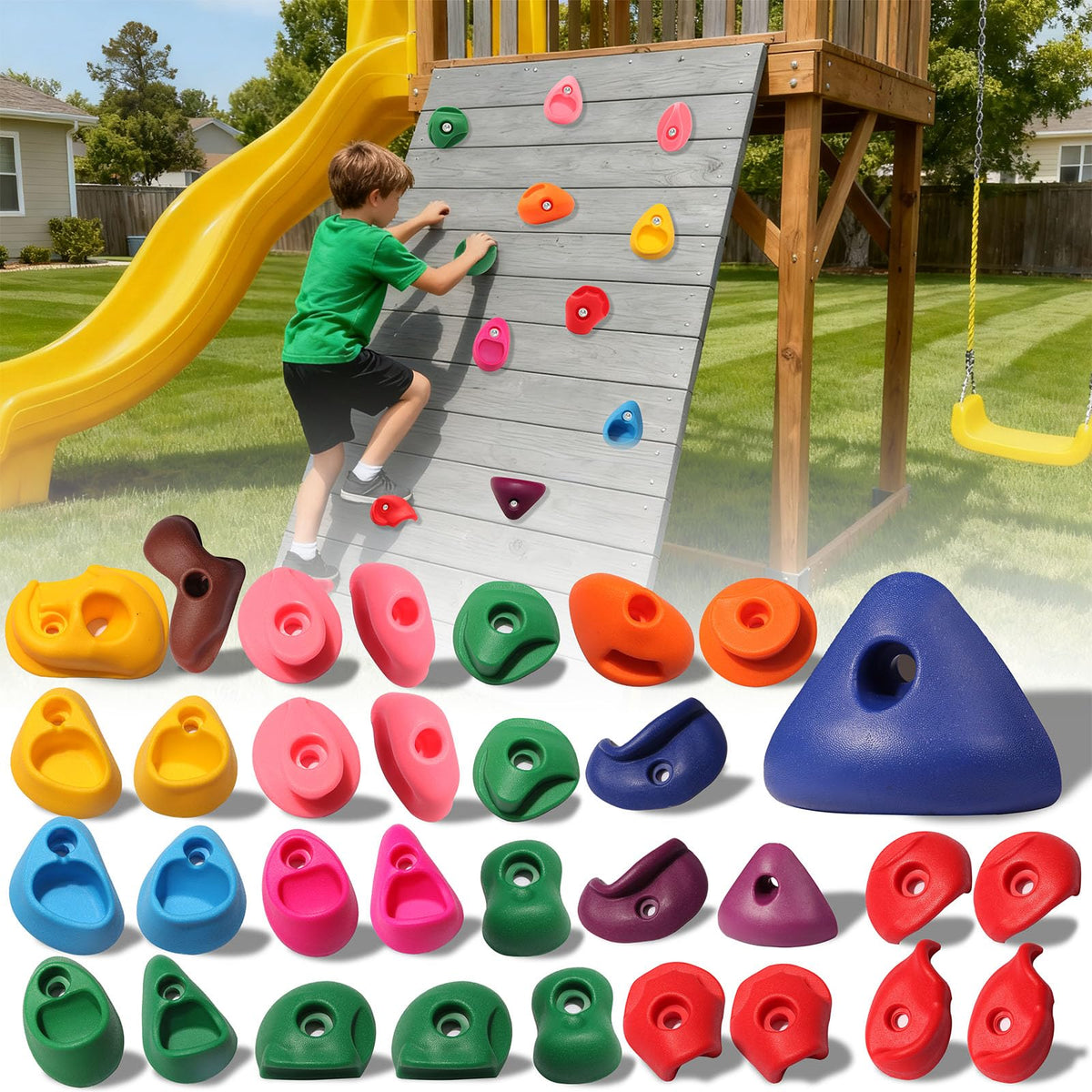 NEATATOU 32-pcs rock climbing holds pack with colorful grips for kid-friendly wall builds.