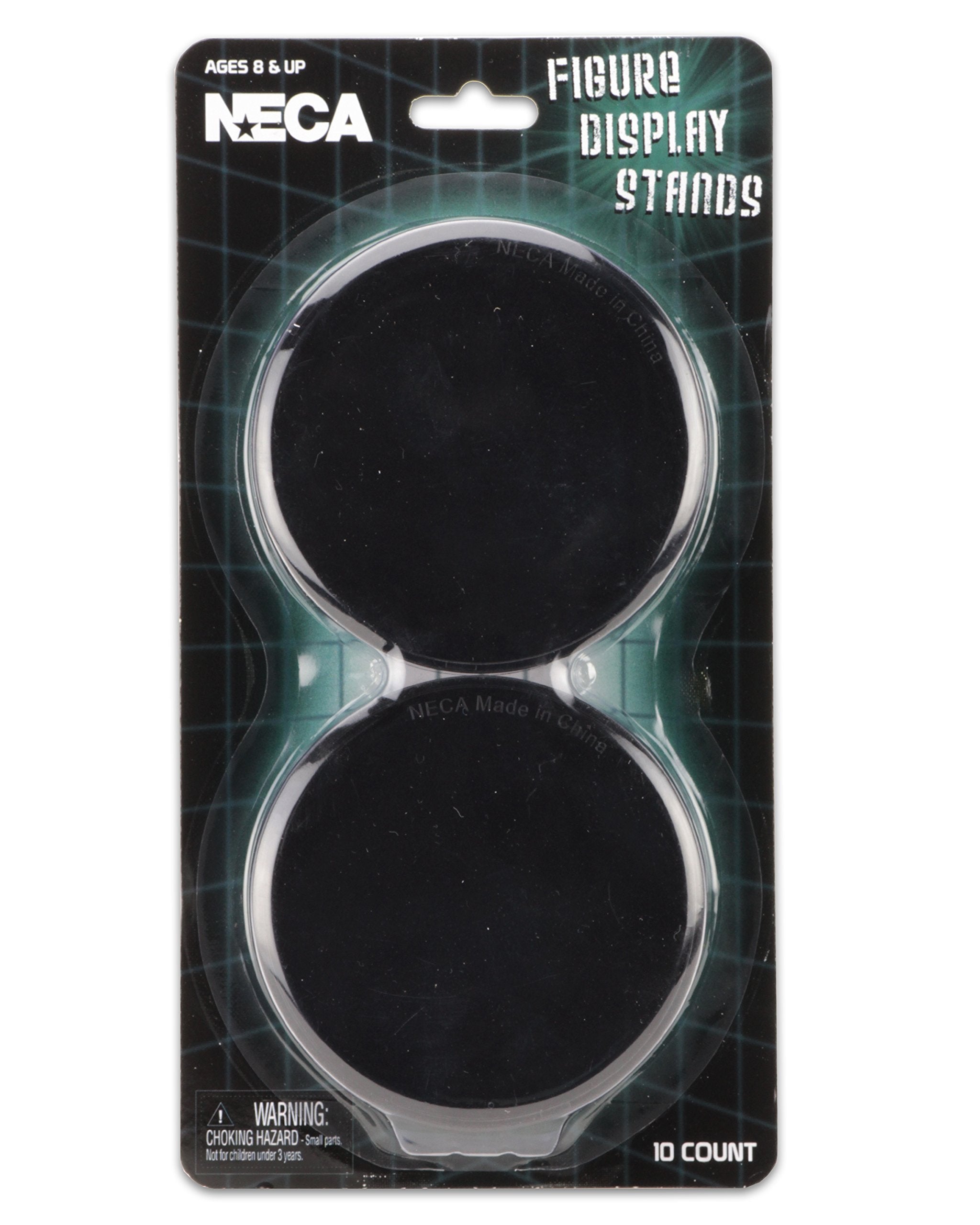 NECA black display stand, front view, keeps 6-8 inch figures upright and secure.