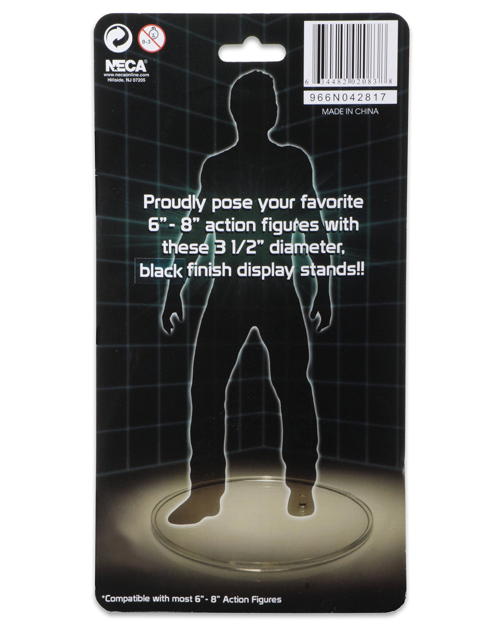 NECA black display stand, side view, ideal for organized shelf displays.