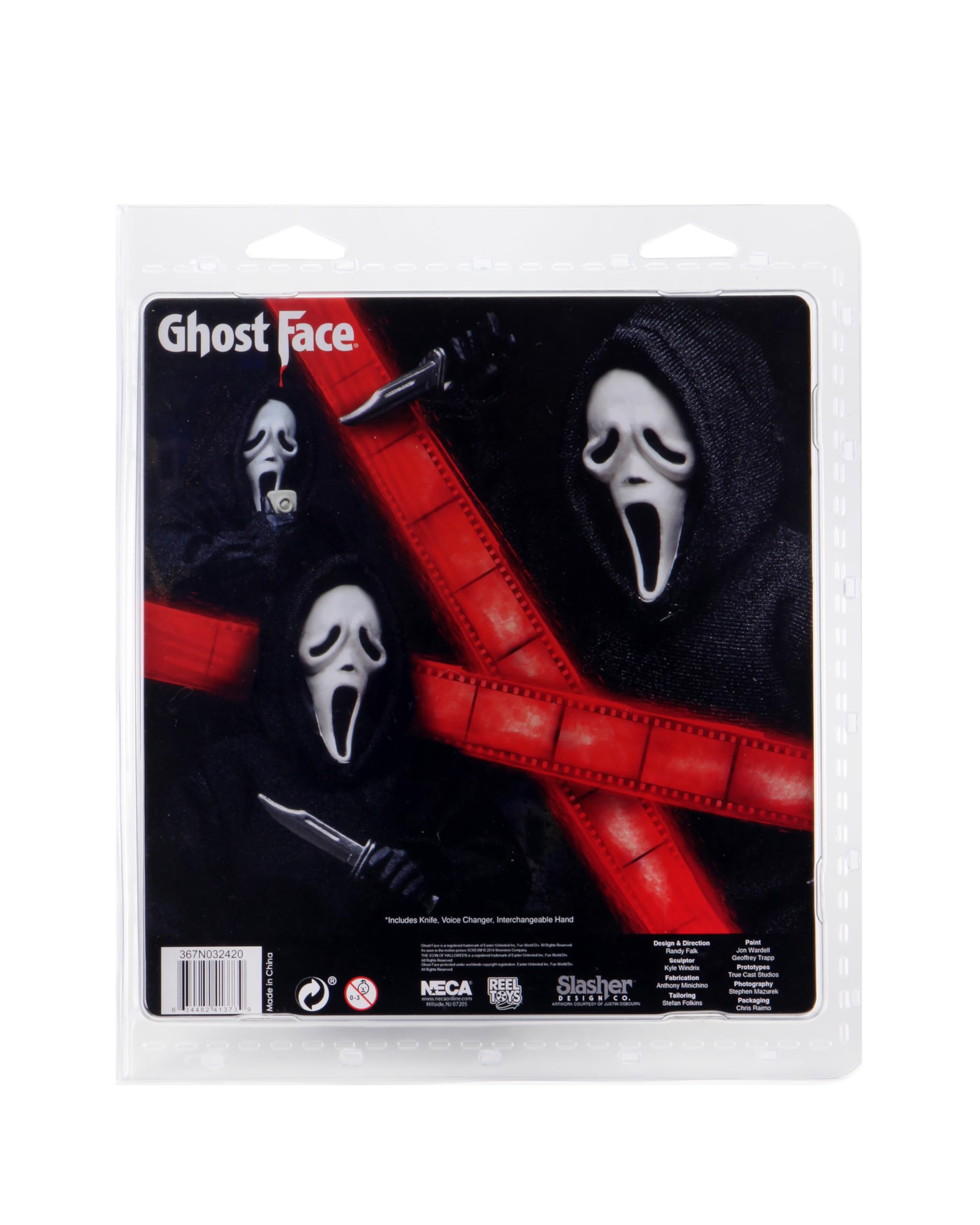 NECA Ghost Face with interchangeable hands and knife for versatile poses.