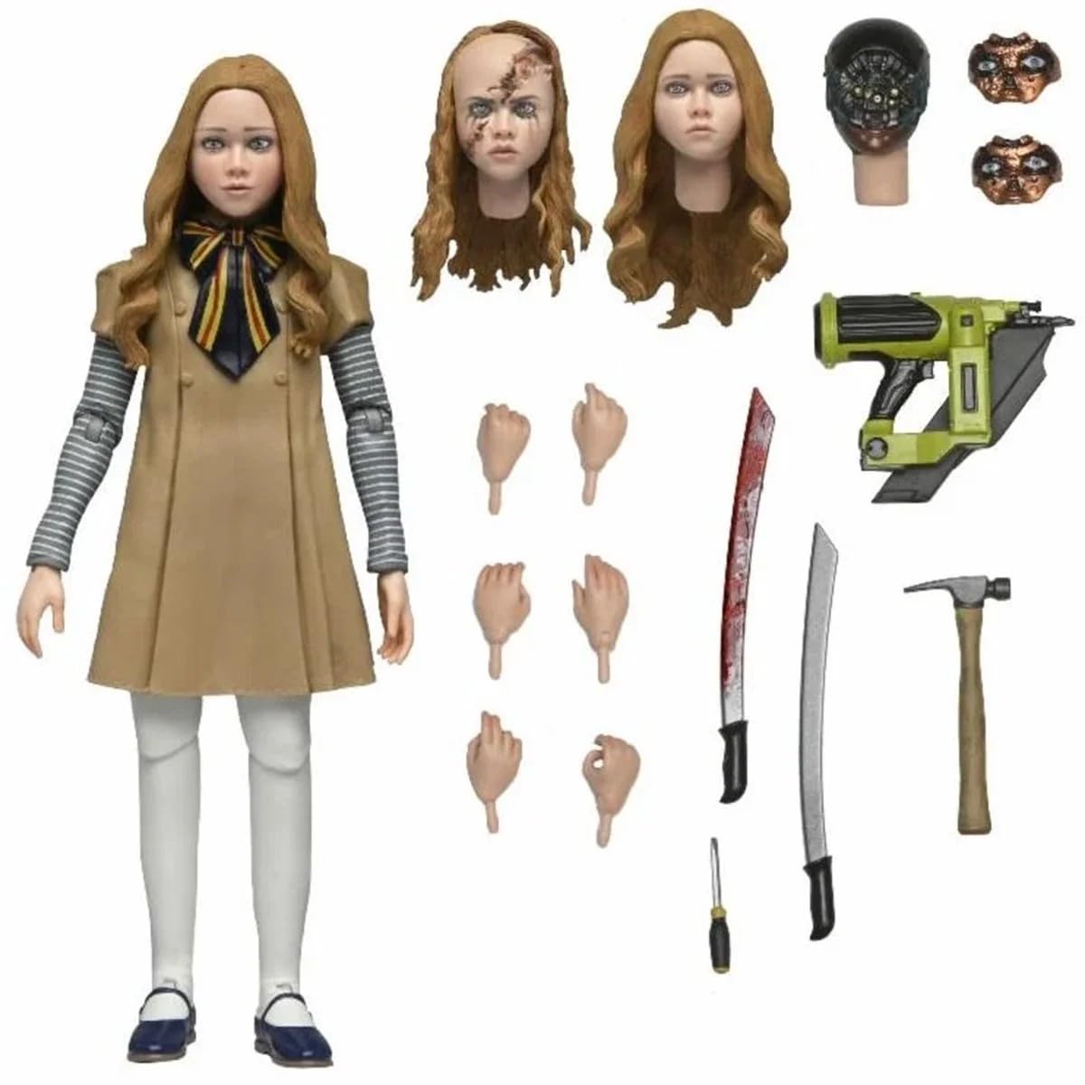 NECA M3GAN figure with interchangeable heads for varied poses and expressions