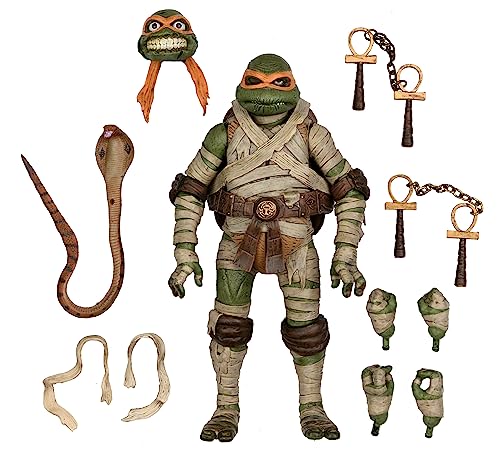 NECA Michelangelo as The Mummy window box packaging with illustration.