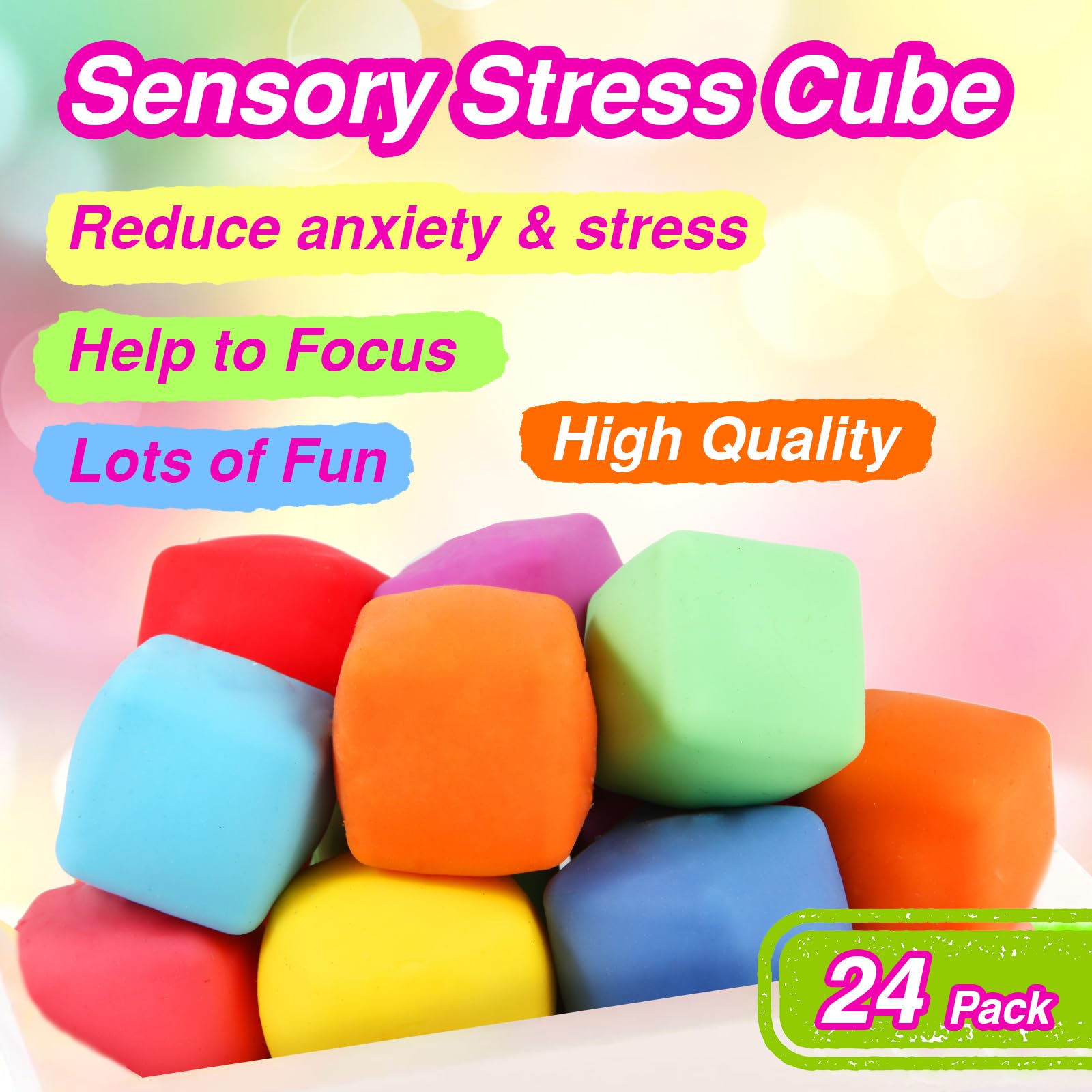 Colorful Neec stress cubes closeup showing soft texture.