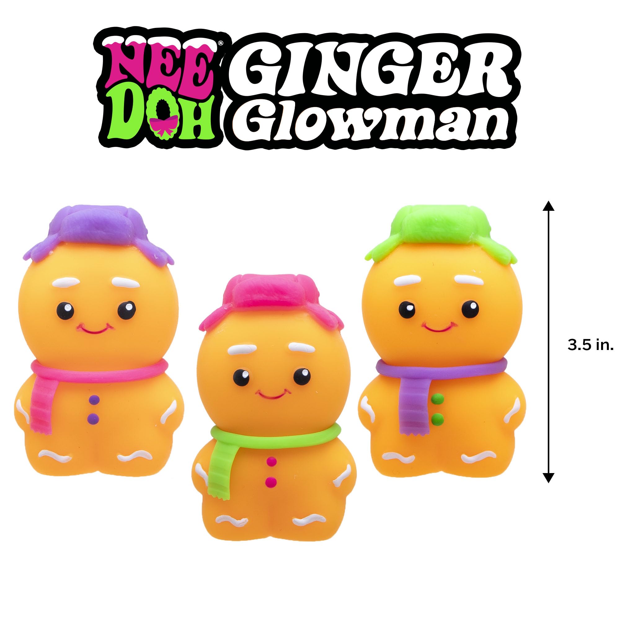 Needoh NeeDoh Squishmas Ginger Glowman top hat scarf scene emphasizes durable, reusable stress reliever.