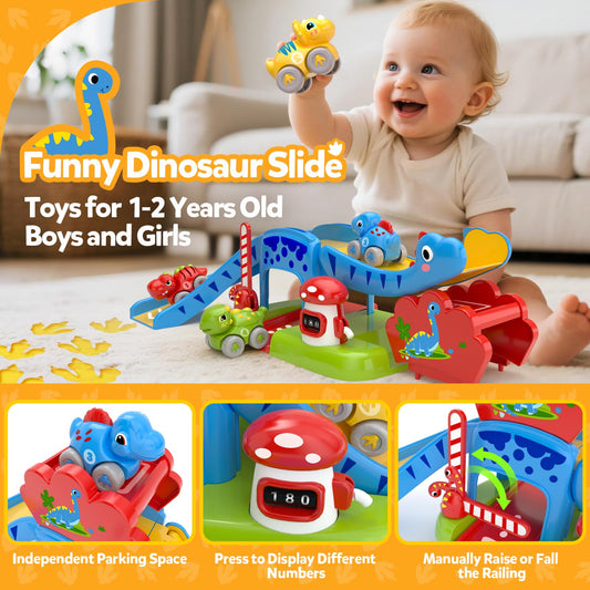 NEHEME four color dinosaur push cars on a bright playmat for color recognition