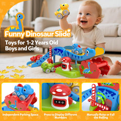 NEHEME four color dinosaur push cars on a bright playmat for color recognition
