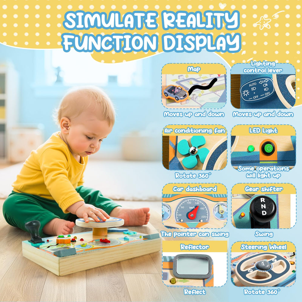 Neikko Busy Board dashboard controls enhances hand-eye coordination through interactive buttons.