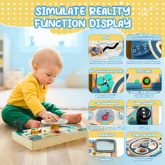 Neikko Busy Board dashboard controls enhances hand-eye coordination through interactive buttons.