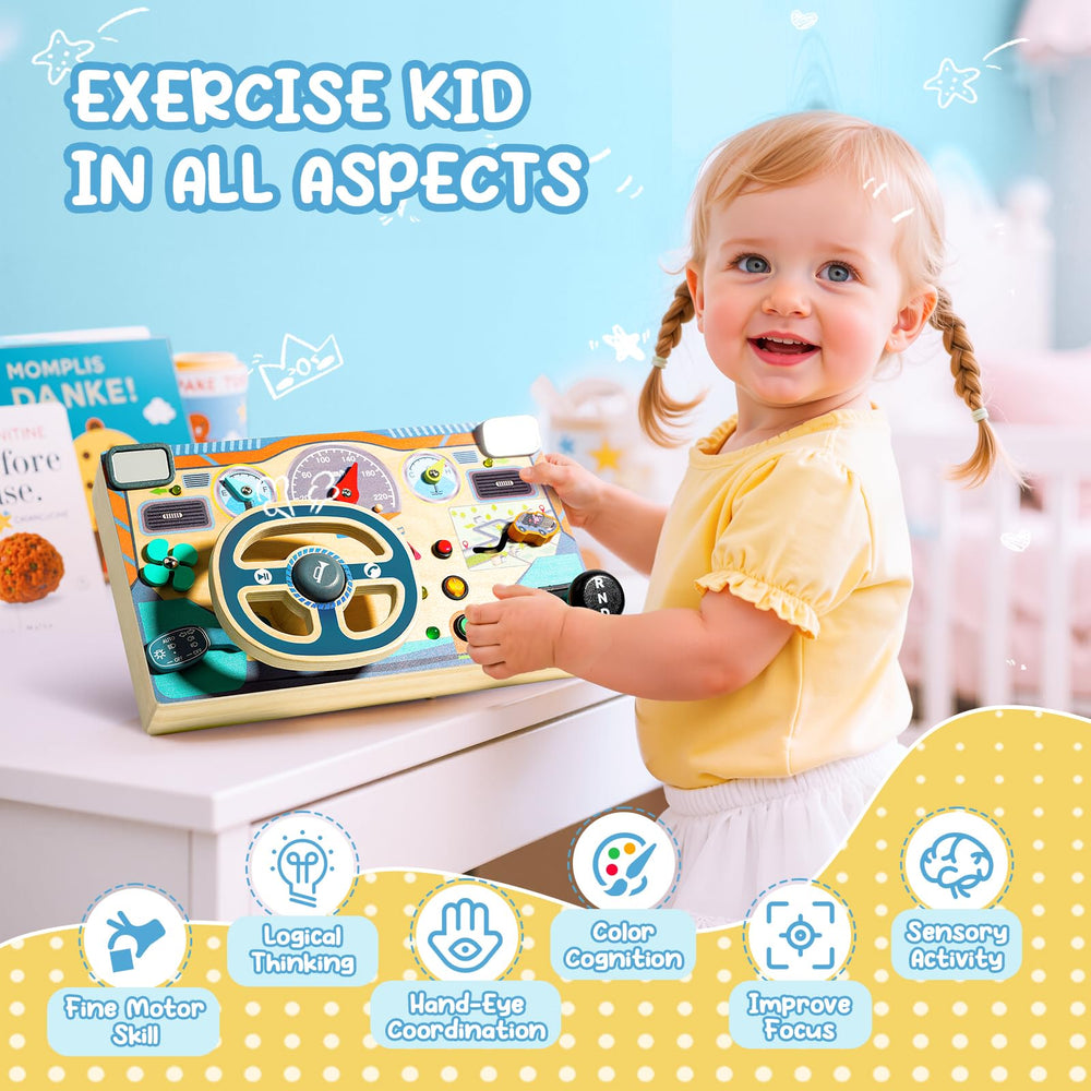 Neikko Busy Board alphabet on back supports colorful letter recognition.