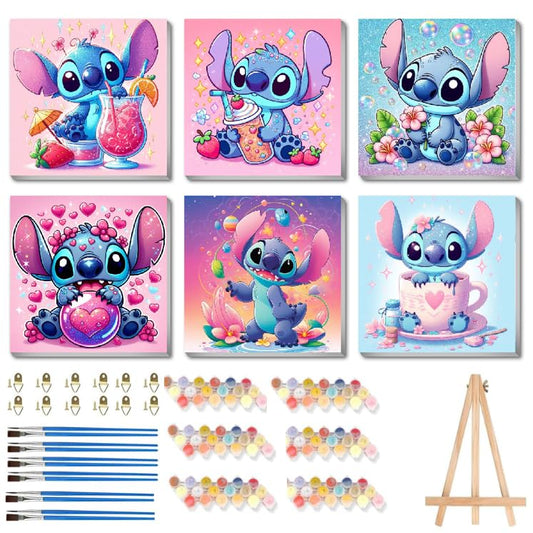 nekpiahu 6-pack cartoon paint by numbers kit with frame and easel for kid creativity
