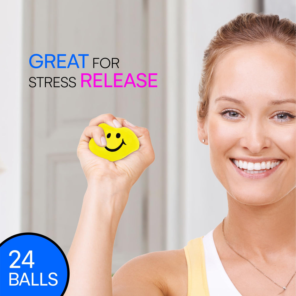 Neliblu 24-pack neon yellow stress balls for classrooms, parties, and fidgeting.