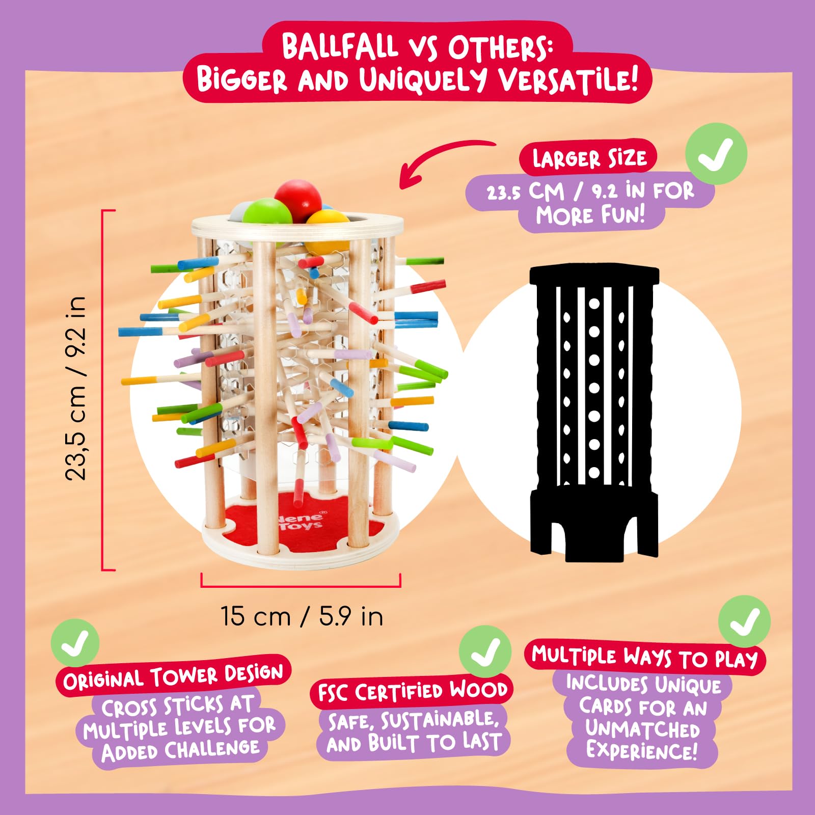 Nene Toys BALLFALL Jumbo wooden base emphasizes sturdy, long-lasting play