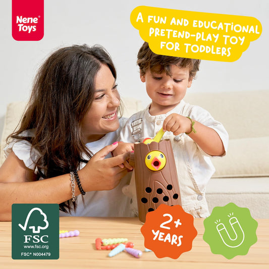 Nene Toys Little Woodpecker feeding worms scene promotes hand-eye coordination.