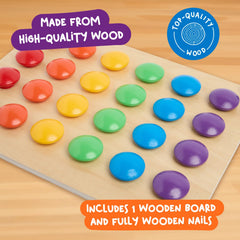 Nene Toys wooden nails used to complete cards reinforce precise grip and dexterity.