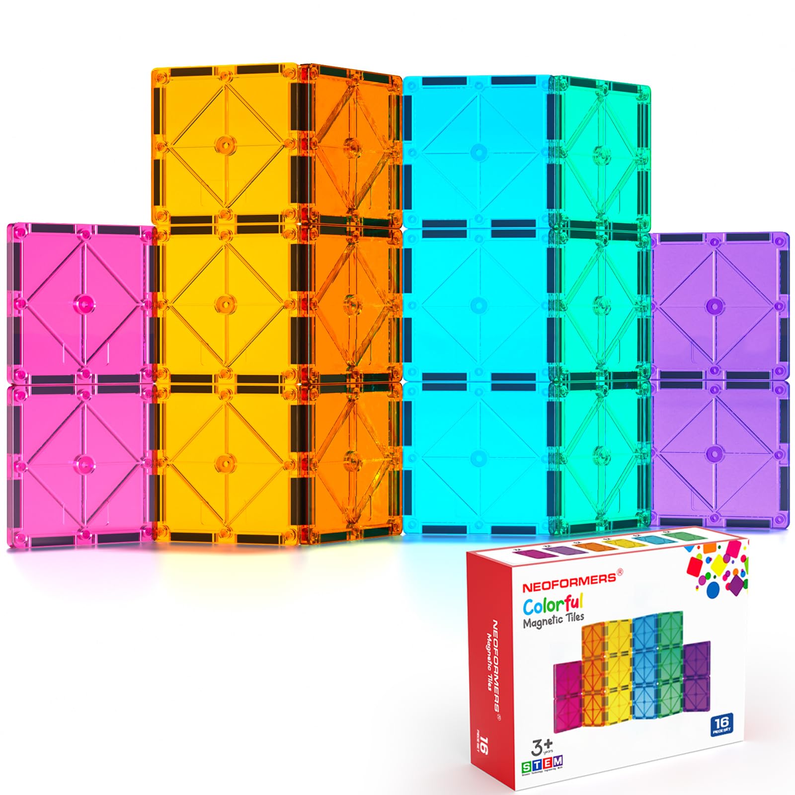 Neoformers square magnetic tiles forming a colorful build to boost spatial thinking and creativity.
