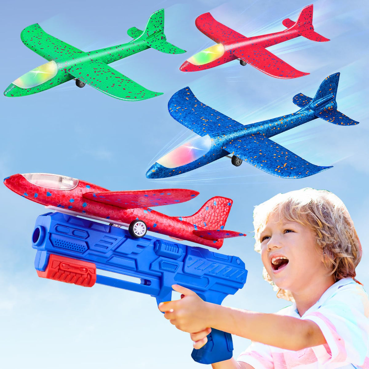 Neoot toy airplane 3-pack in vibrant colors for outdoor play and coordination development.