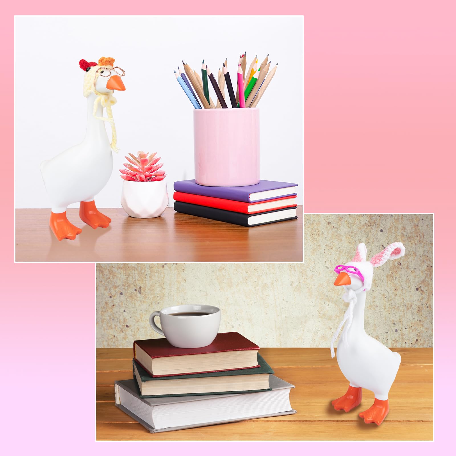 Neowedding desk goose with bunny ears hat adds whimsical festive flair