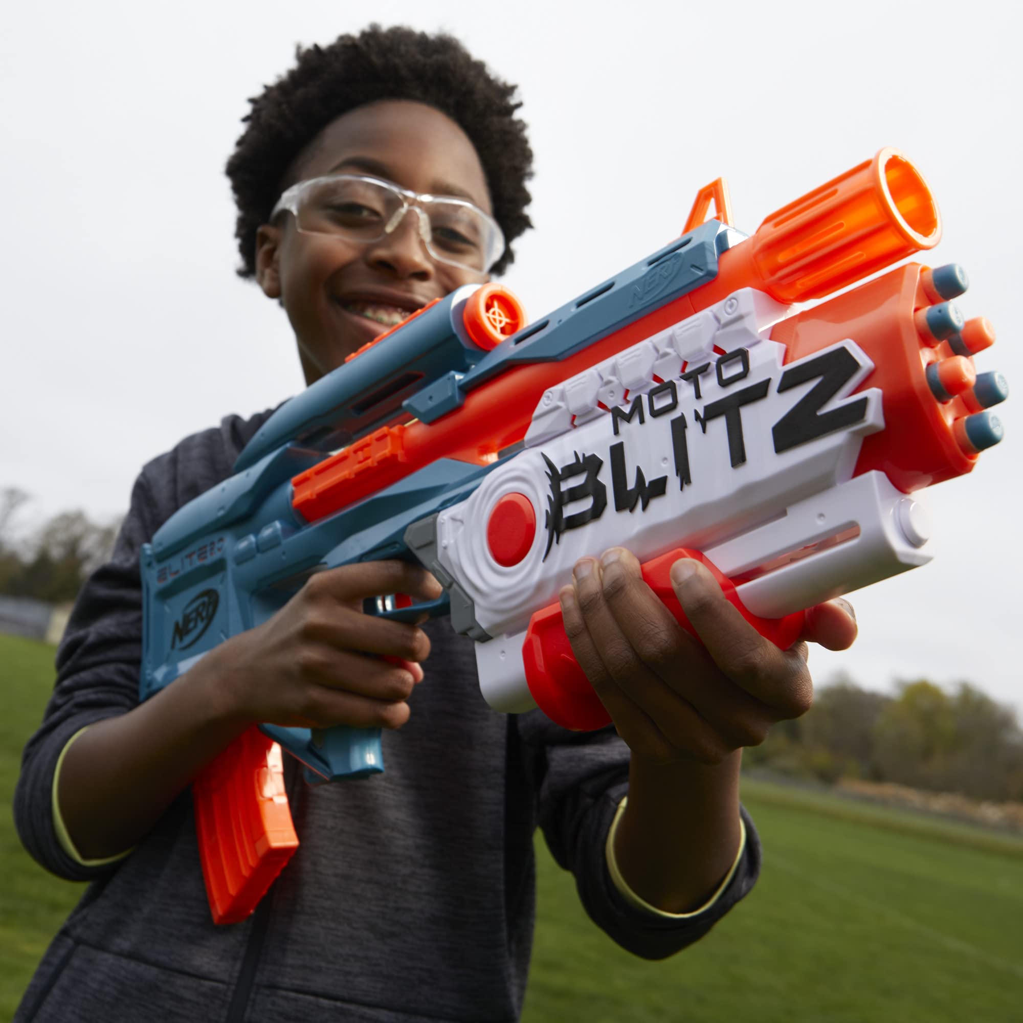 Nerf Elite 2.0 Motoblitz outdoor play suitable for ages 8 and up.