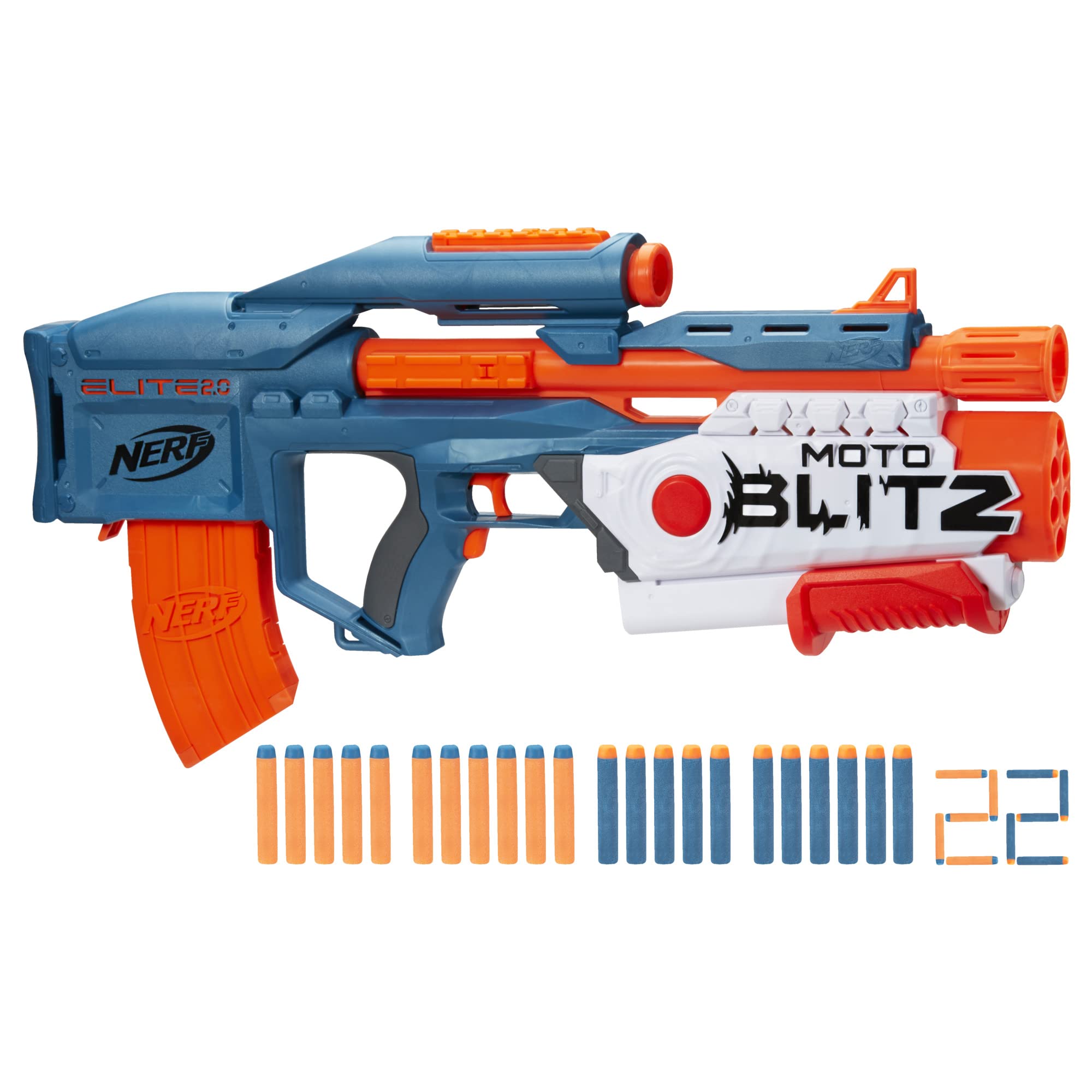 Nerf Elite 2.0 Motoblitz blaster with scope for precise aiming outdoors.