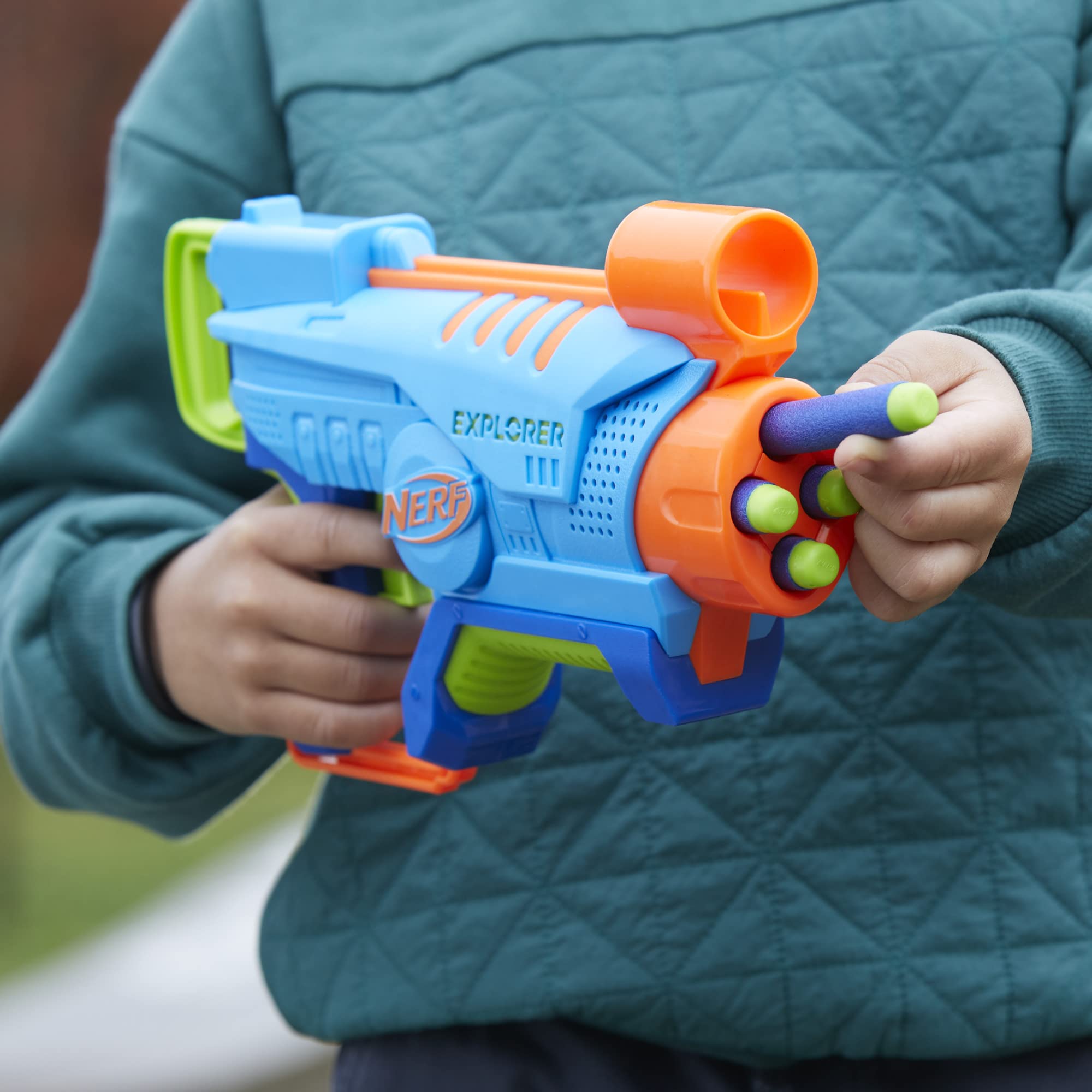 NERF Elite Junior Explorer 4-dart blast, fast target practice with foam darts.