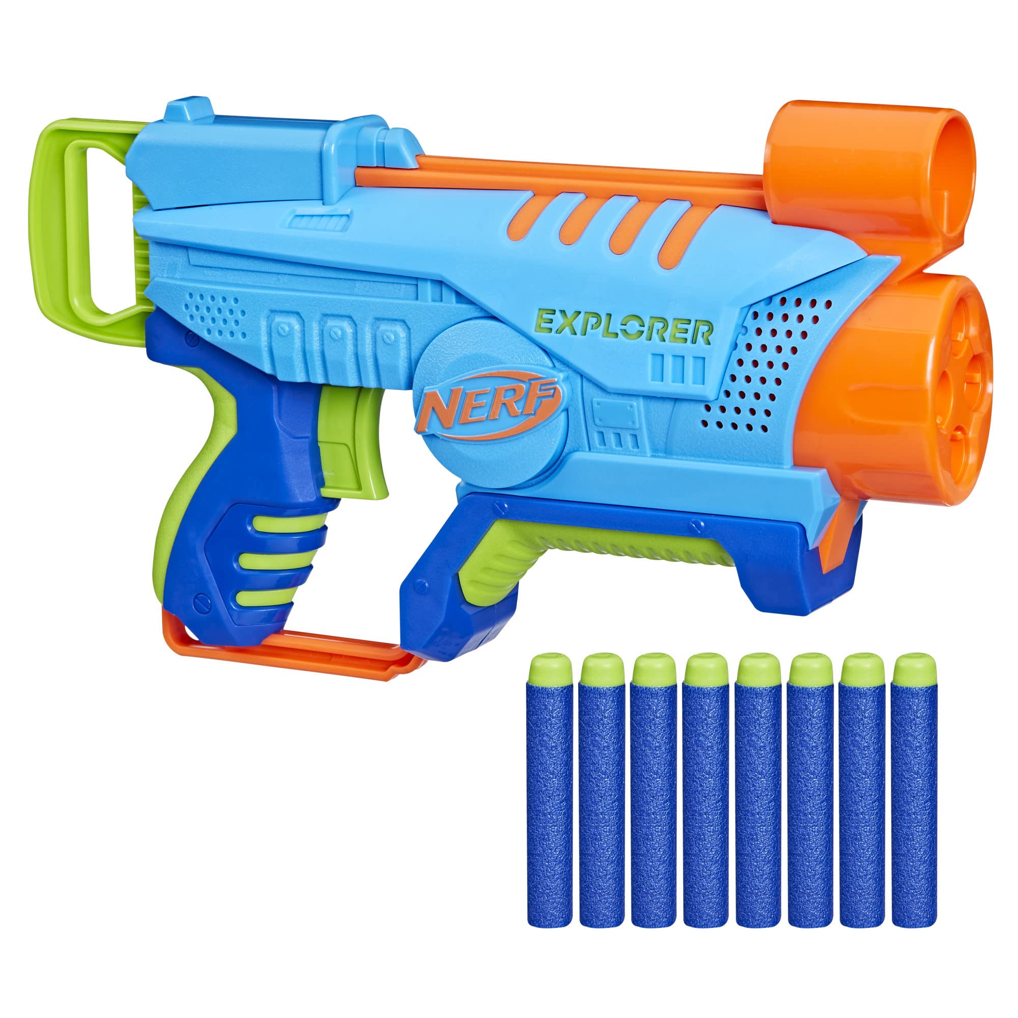 NERF Elite Junior Explorer front view, compact and kid-friendly for outdoor play.