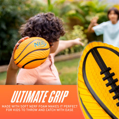 Nerf football in flight featuring a tight spiral for accuracy.