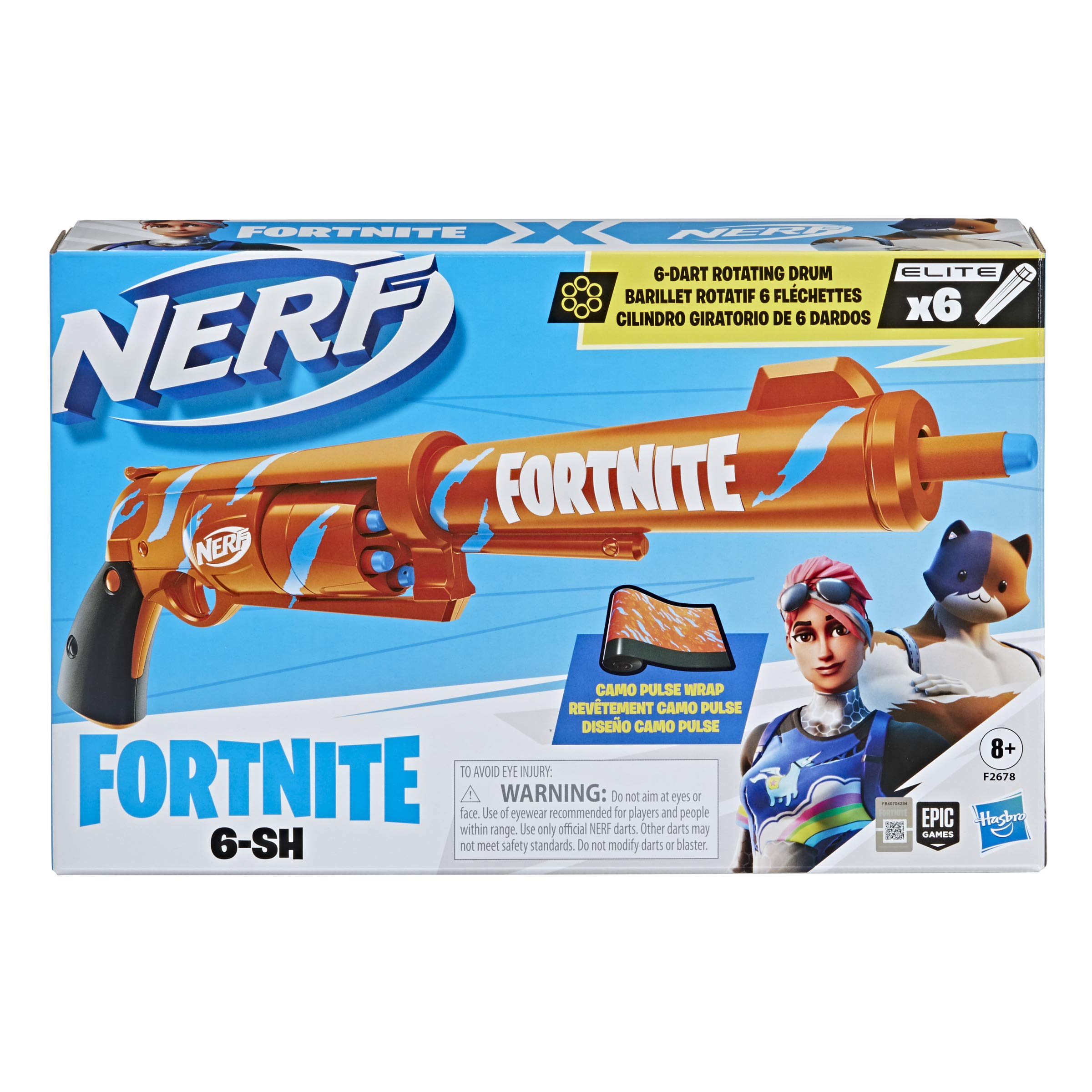 Nerf Fortnite 6-SH rotating drum holds six darts for rapid rounds.