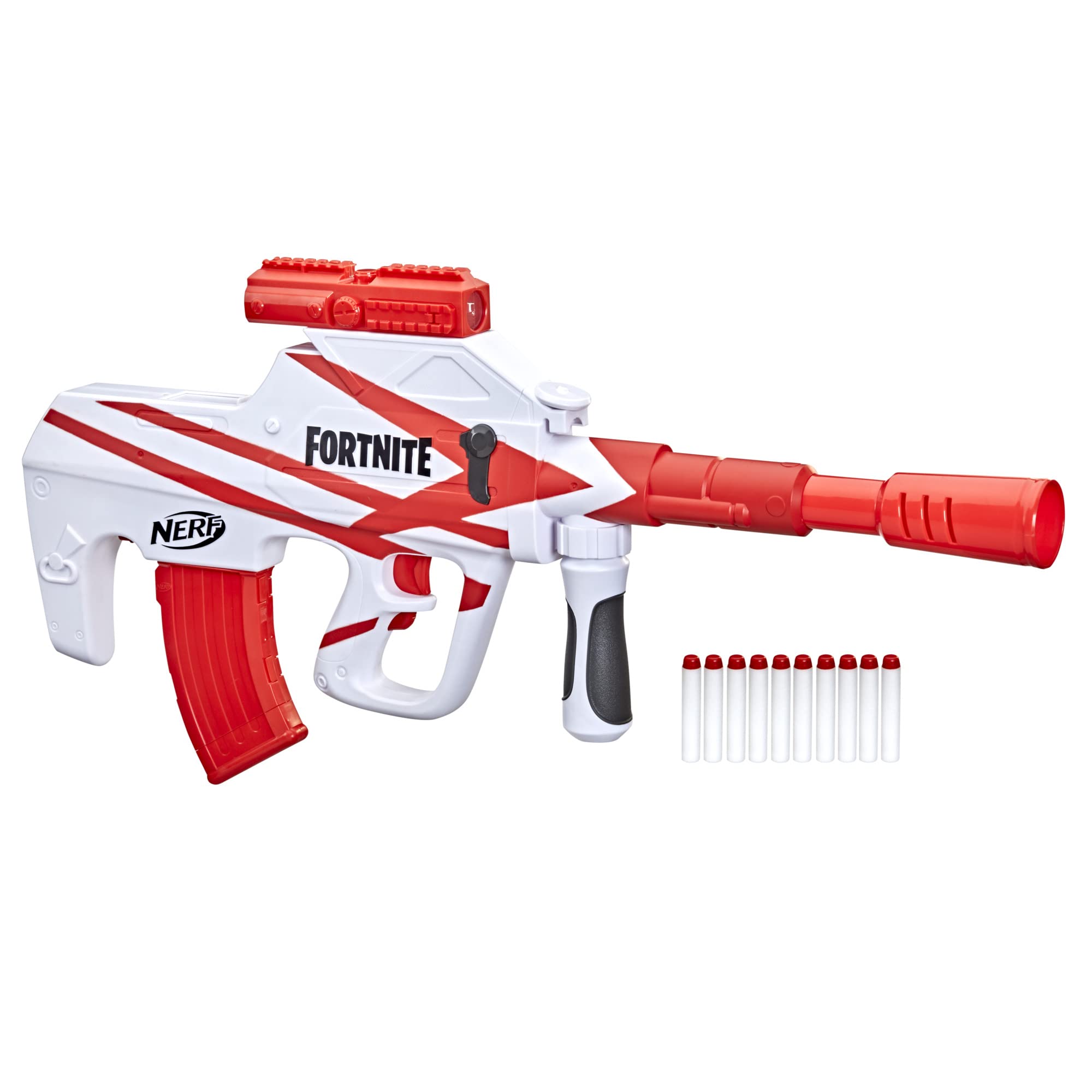 Nerf Fortnite B-AR blaster front view emphasizing ergonomic grip for comfortable play