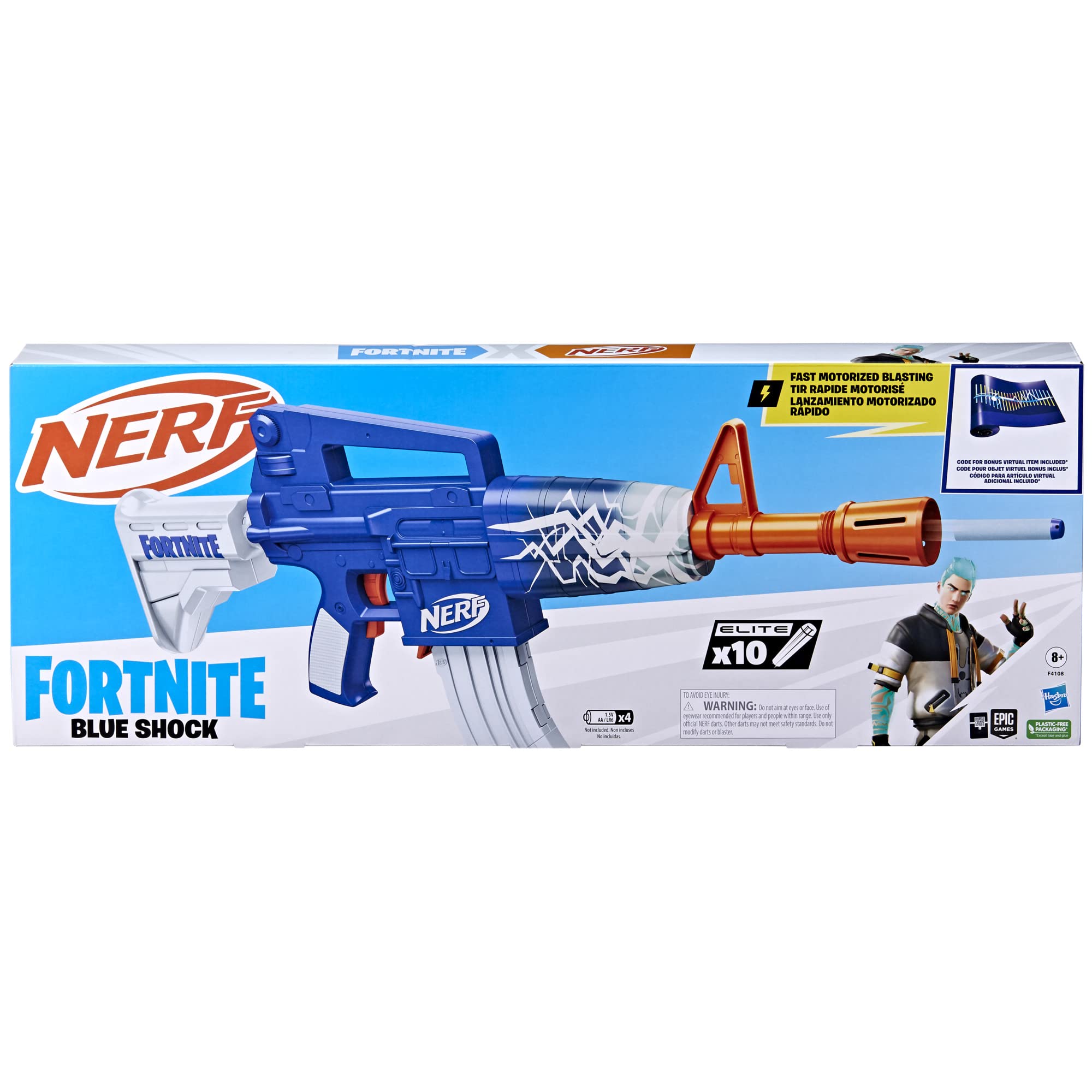 Nerf Fortnite Blue Shock Blaster side profile with bold styling for Fortnite battles