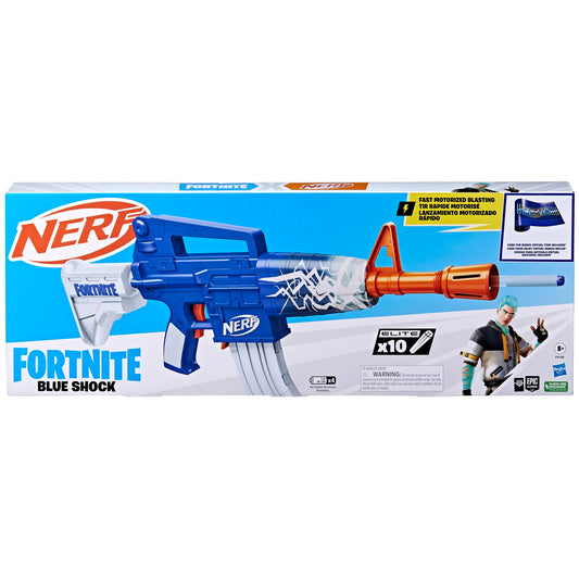 Nerf Fortnite Blue Shock Blaster side profile with bold styling for Fortnite battles