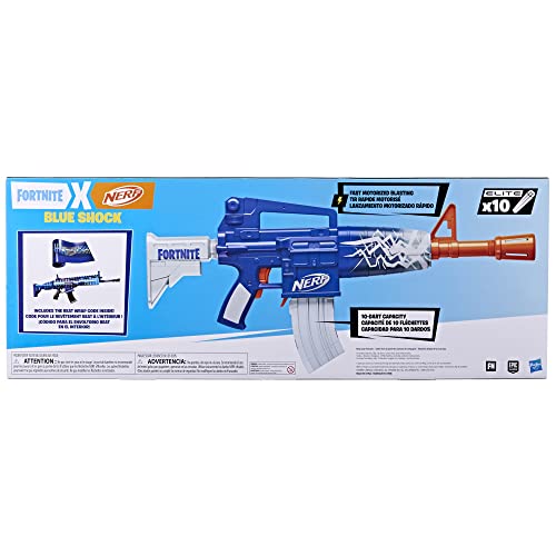 Nerf Fortnite Blue Shock Blaster packaging highlighting contents