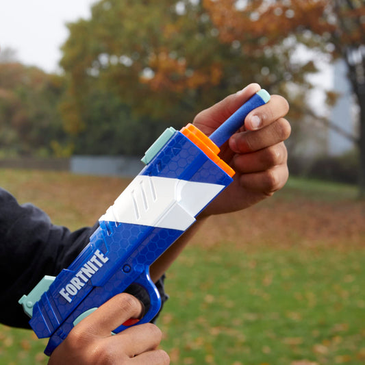 Nerf Fortnite Dual Pack LP blaster with pull-back priming for precise shots.