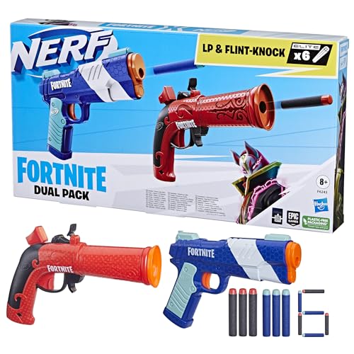 Nerf Fortnite Flint-Knock blaster close-up showing tension lever action for quick shots.