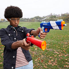 Nerf Fortnite LP blaster close-up highlighting tensioning slide and single-dart fire.
