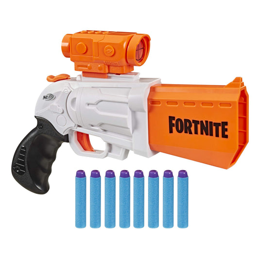 Nerf Fortnite SR blaster with 4-dart hammer action for rapid-fire play.