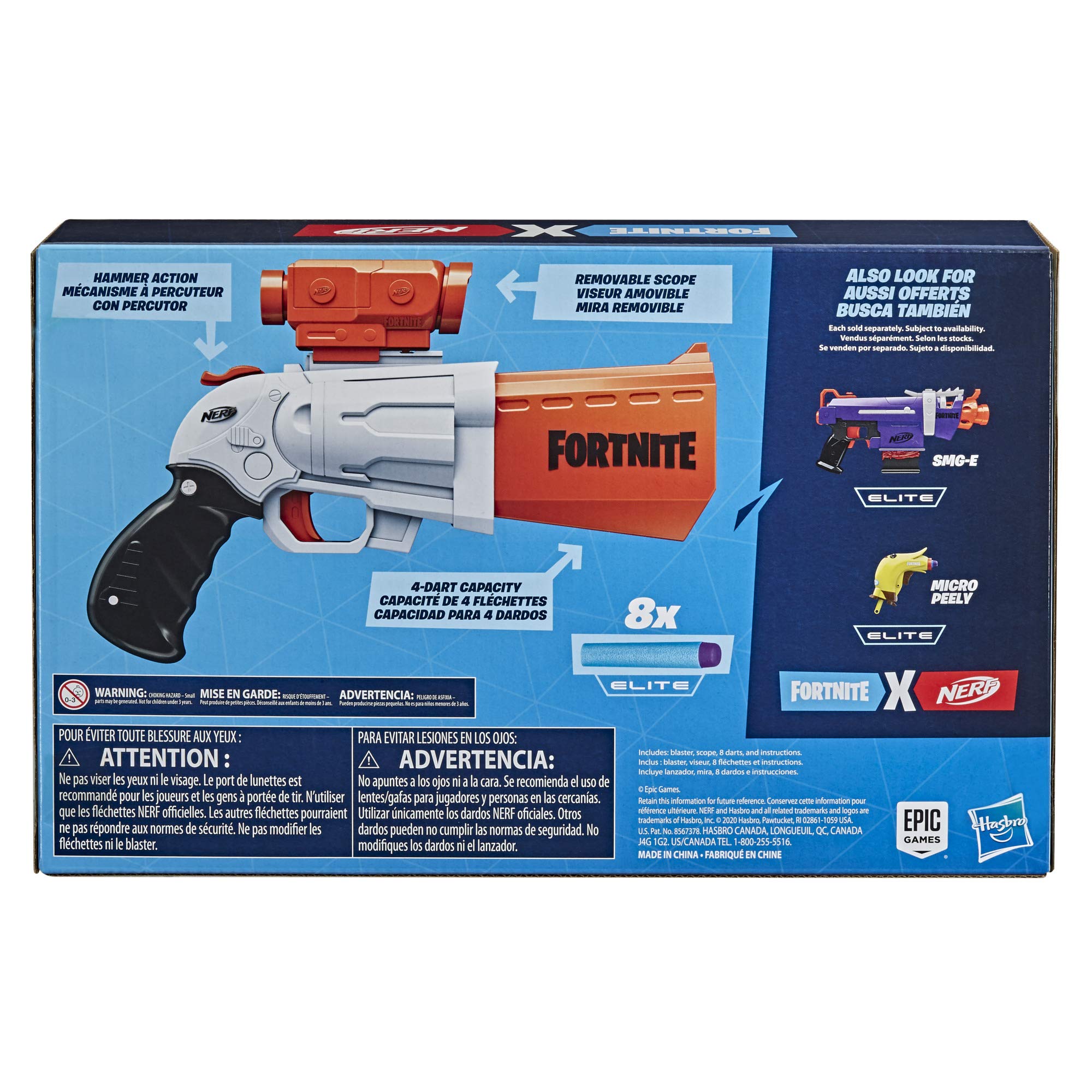 Nerf Fortnite SR blaster box showing contents and design.