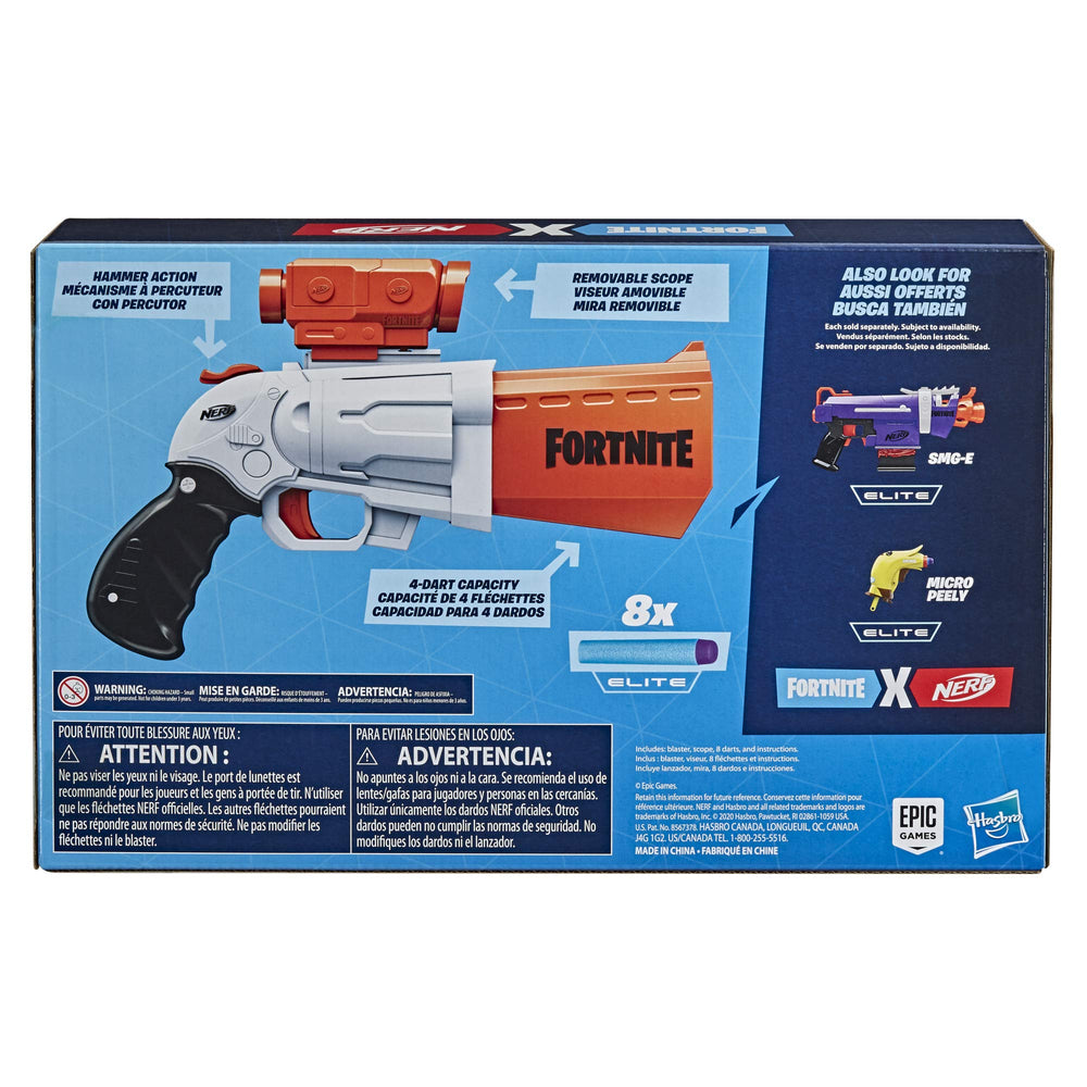 Nerf Fortnite SR blaster box showing contents and design.
