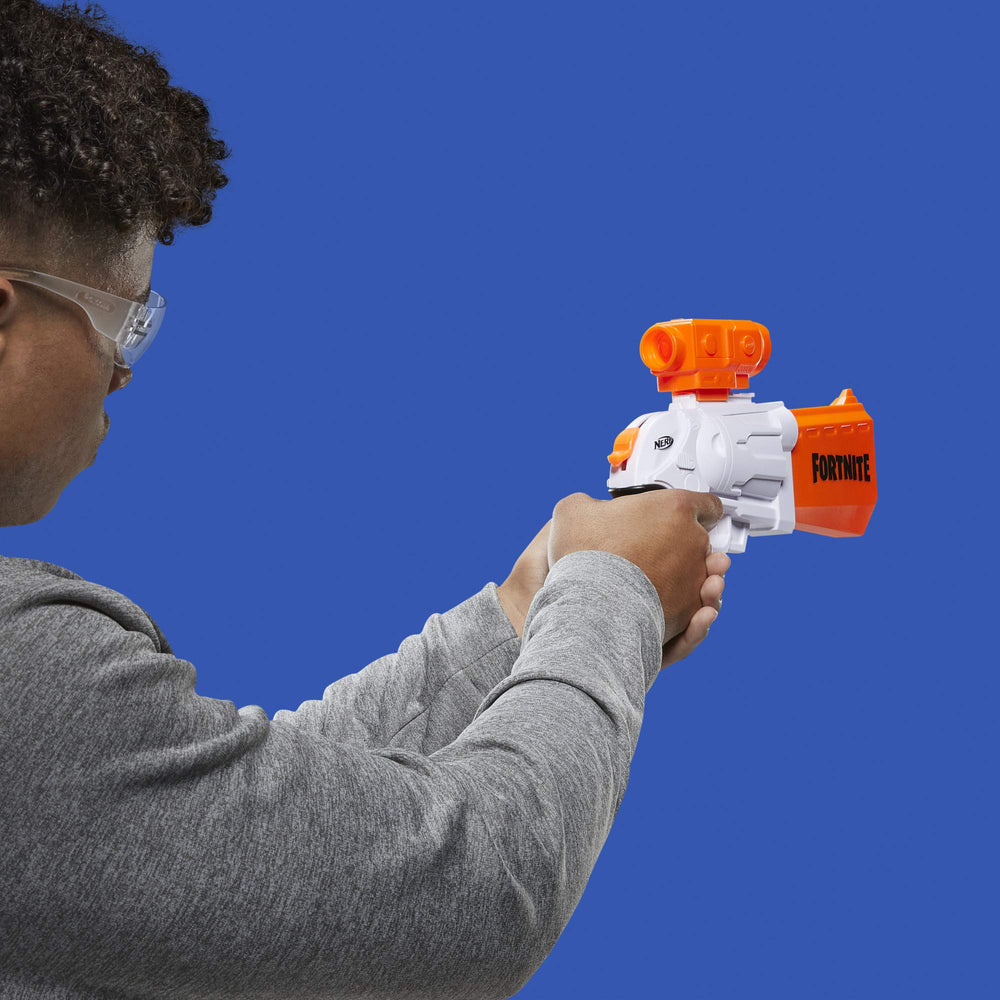 Nerf Fortnite SR blaster front view with scope attached.