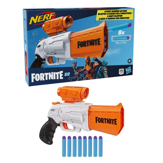 Nerf Fortnite SR blaster shows removable scope for precise aiming.