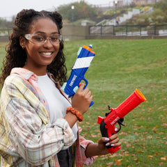 Nerf Fortnite two blasters in pack emphasizing no batteries needed.